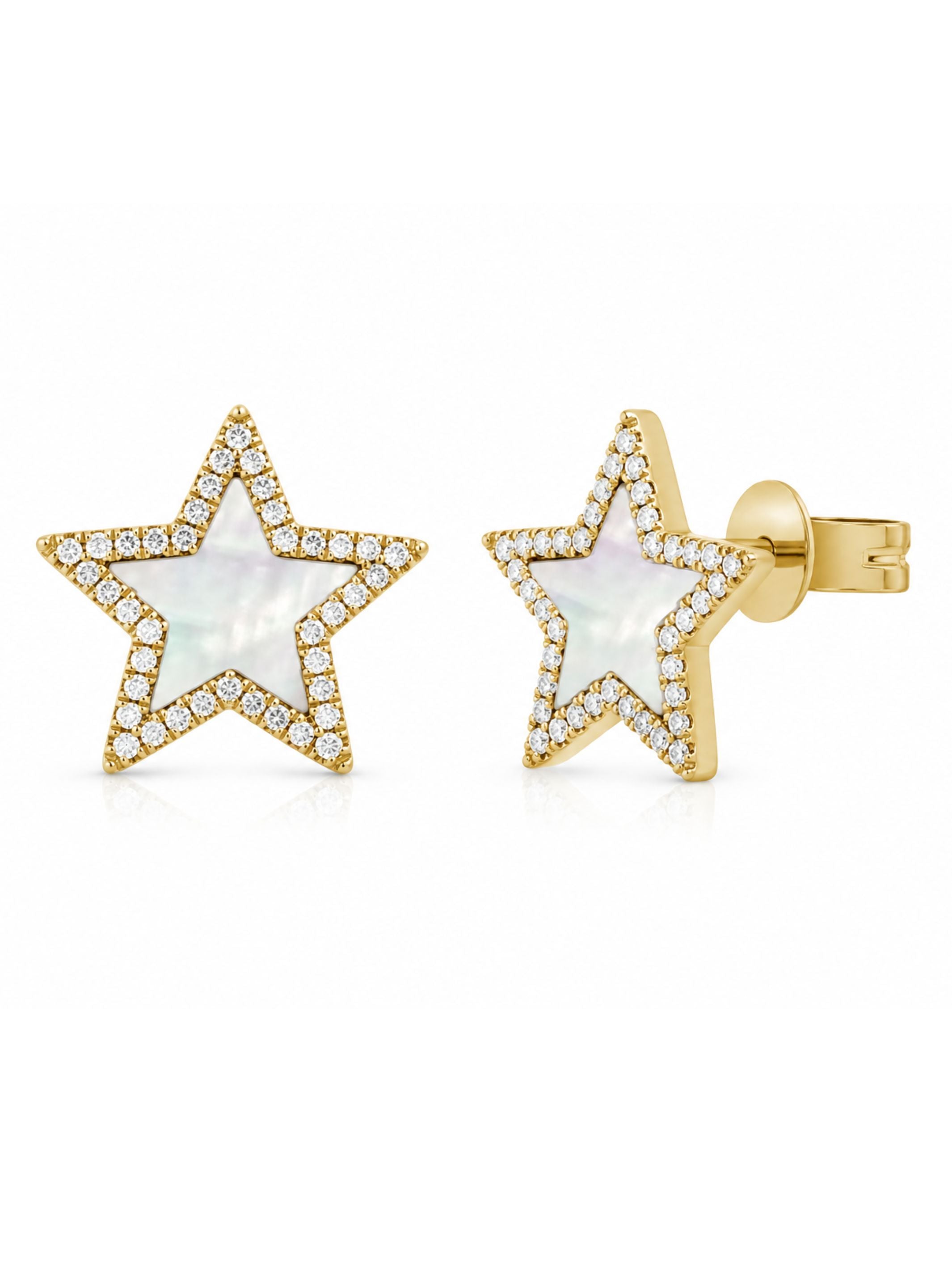 Mother of Pearl and Diamond Star Earrings 14K