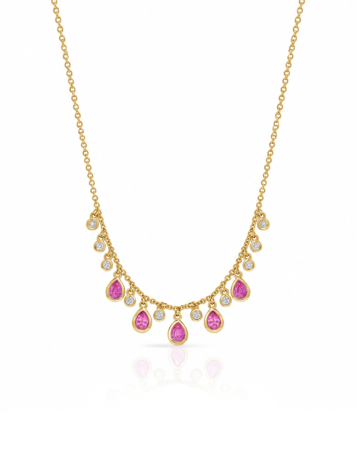 Pear Cut Pink Sapphire and Diamond Bezel Station Necklace 14K
