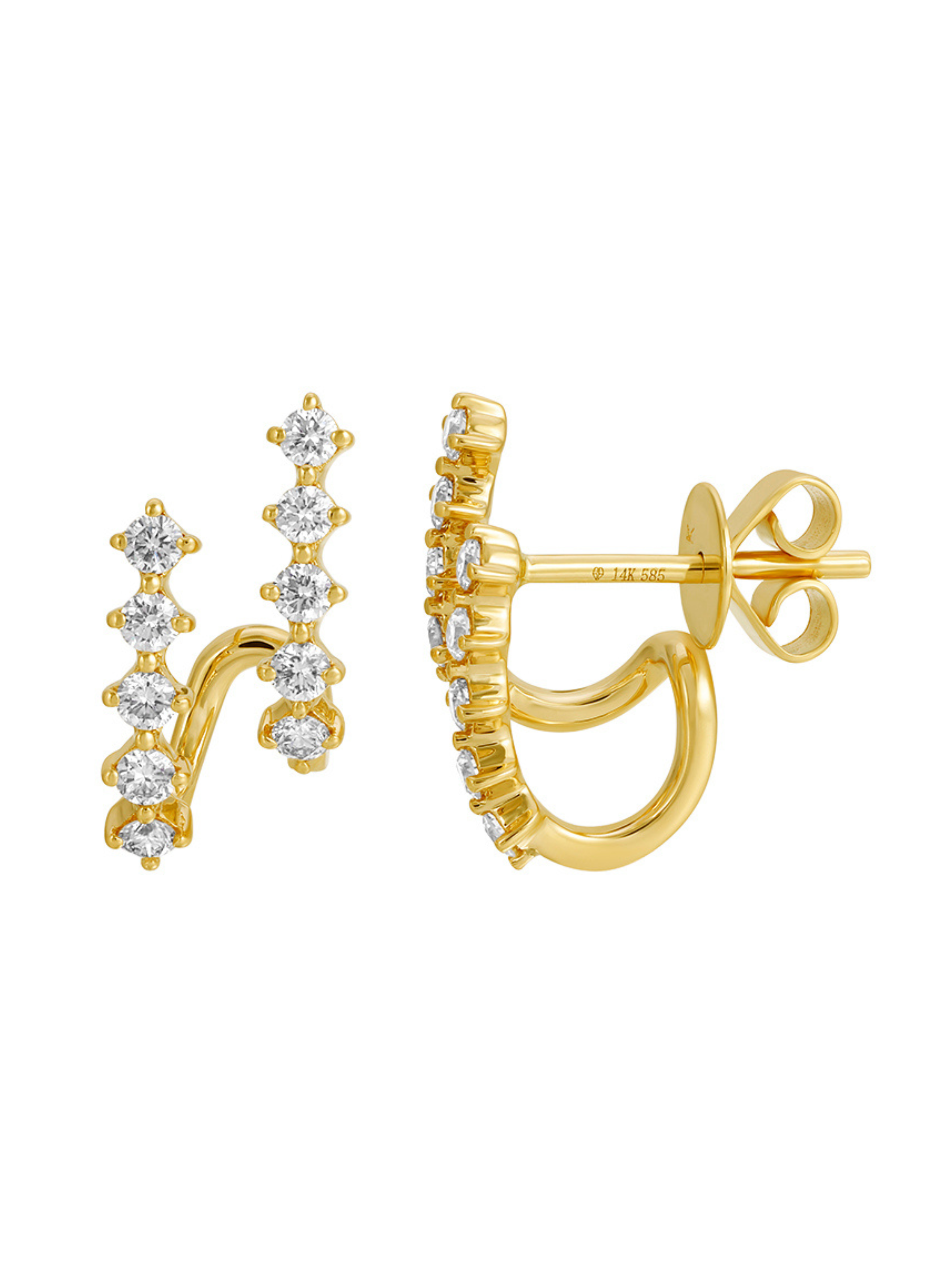 Bella Double Bar Diamond Earrings in 14k gold featuring two rows of round-cut diamonds with a curved double piercing design.