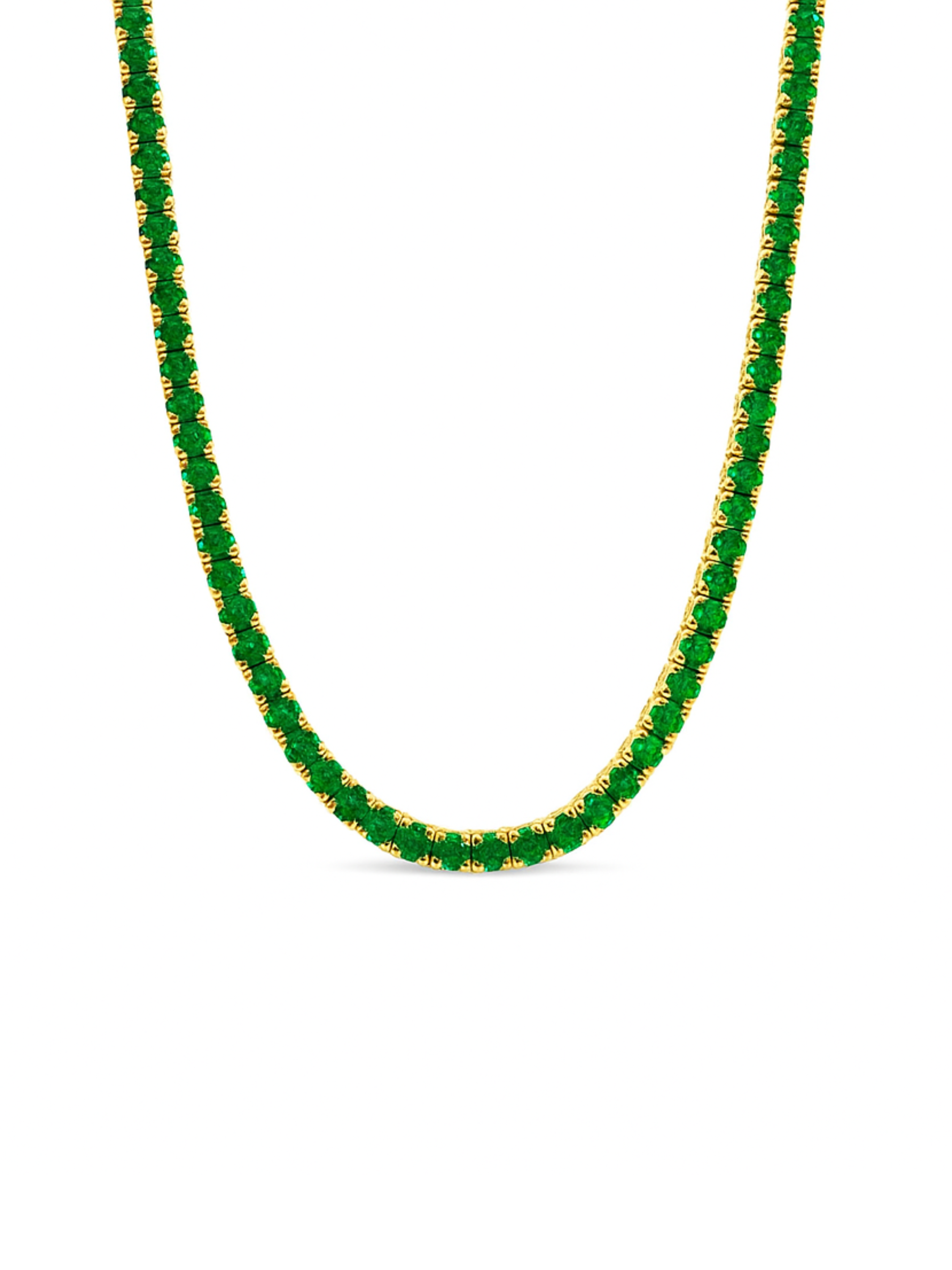 Green gemstone necklace with gold chain on a white background
