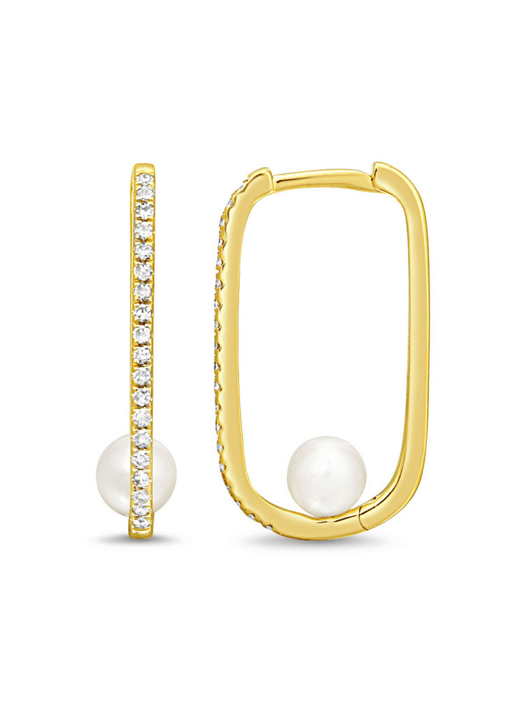 Pearl Paperclip Diamond Huggie 14K