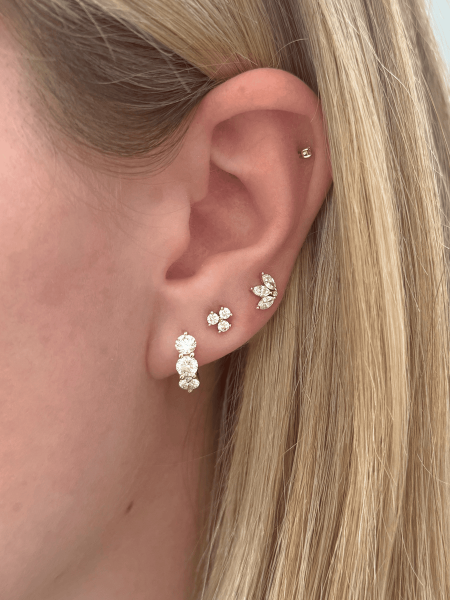 Three Stone Huggie Hoop Earring, Round Moissanite Diamond Prong Set Earring, Engagement Wedding Earring, Delicate Daily shops Wear Earring