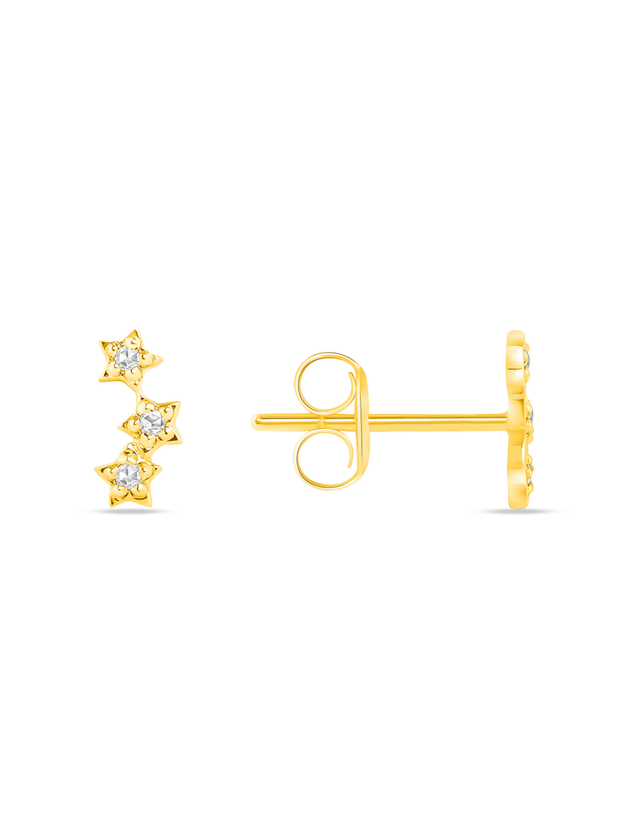 14K yellow gold star earrings on white background