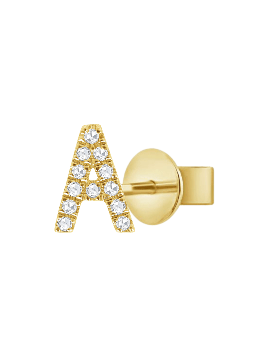 14K gold diamond initial stud earring on a white background