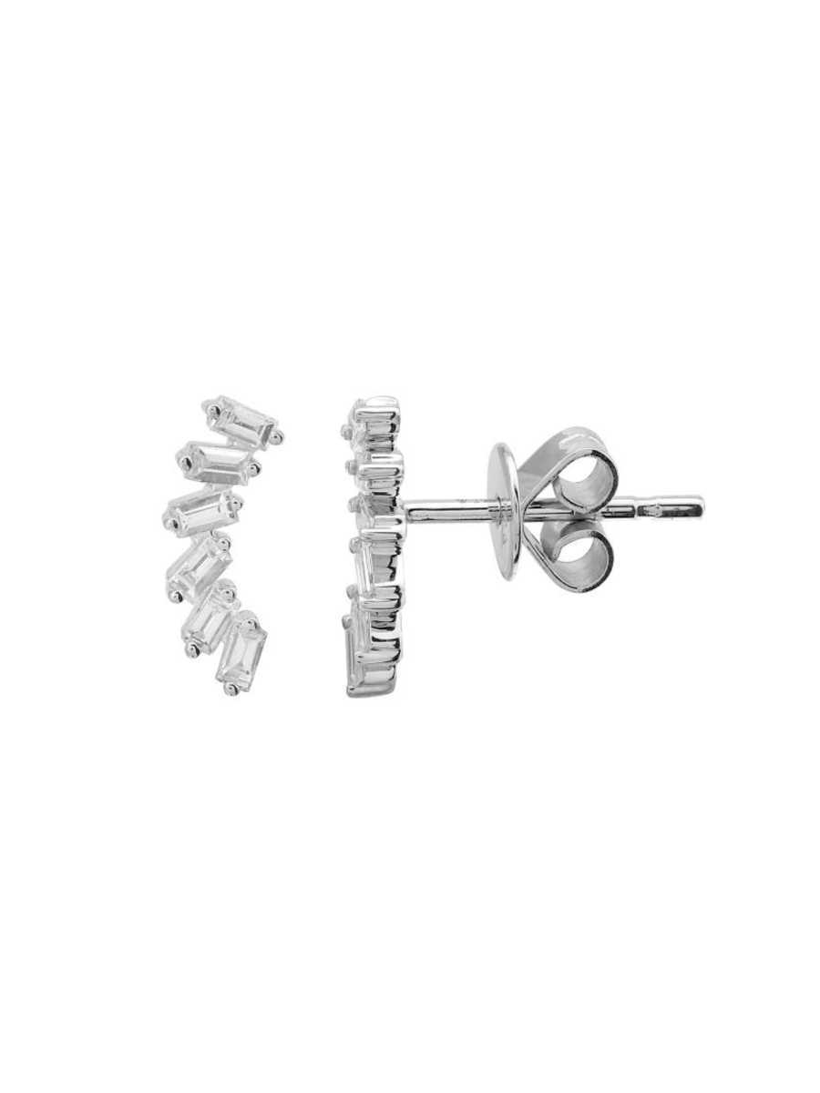 Baguette diamond stud earrings white gold on white background