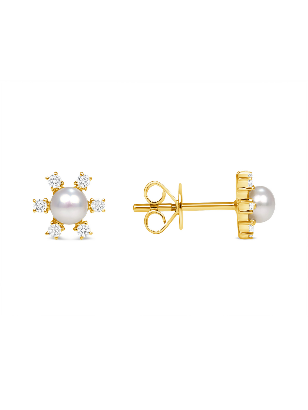 Flower and pearl earrings yellow gold on white background