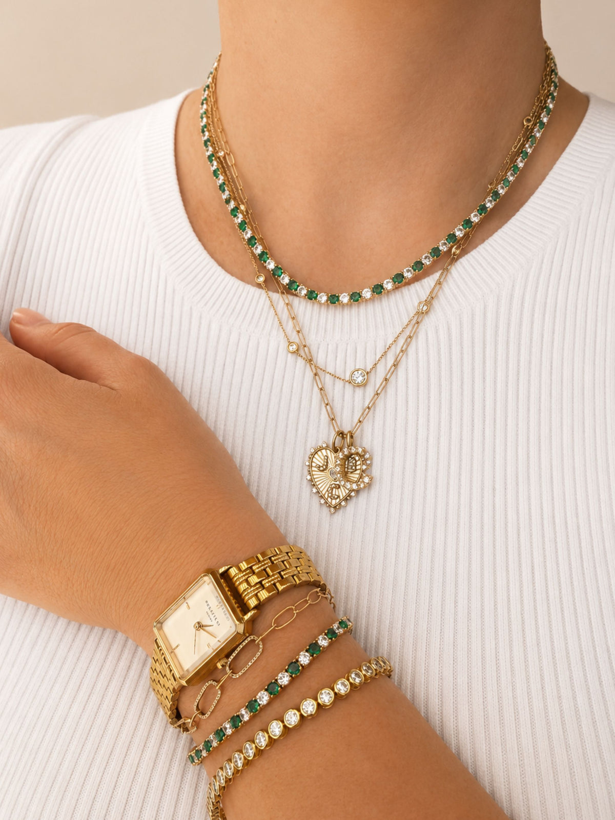 Dee Alternating Emerald and CZ Tennis Necklace + Bracelet Set