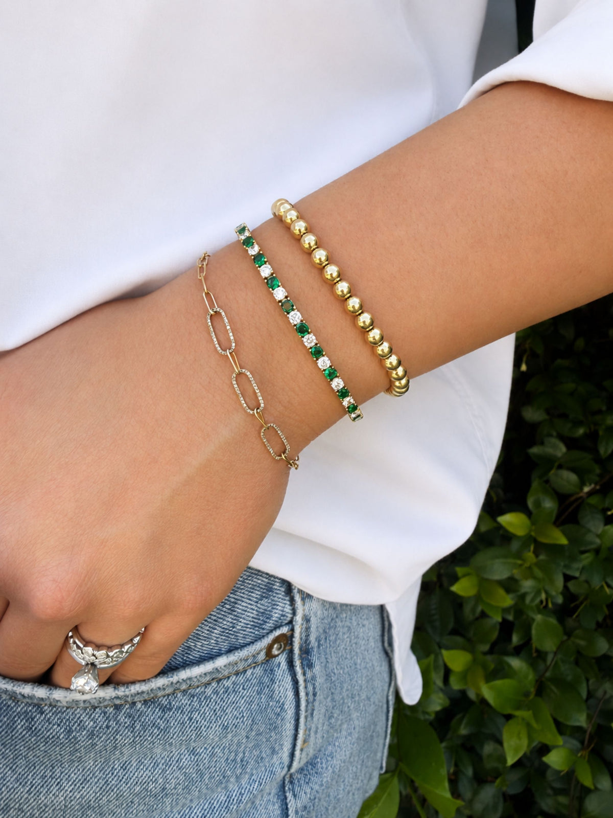 Dee Alternating Emerald and CZ Tennis Necklace + Bracelet Set