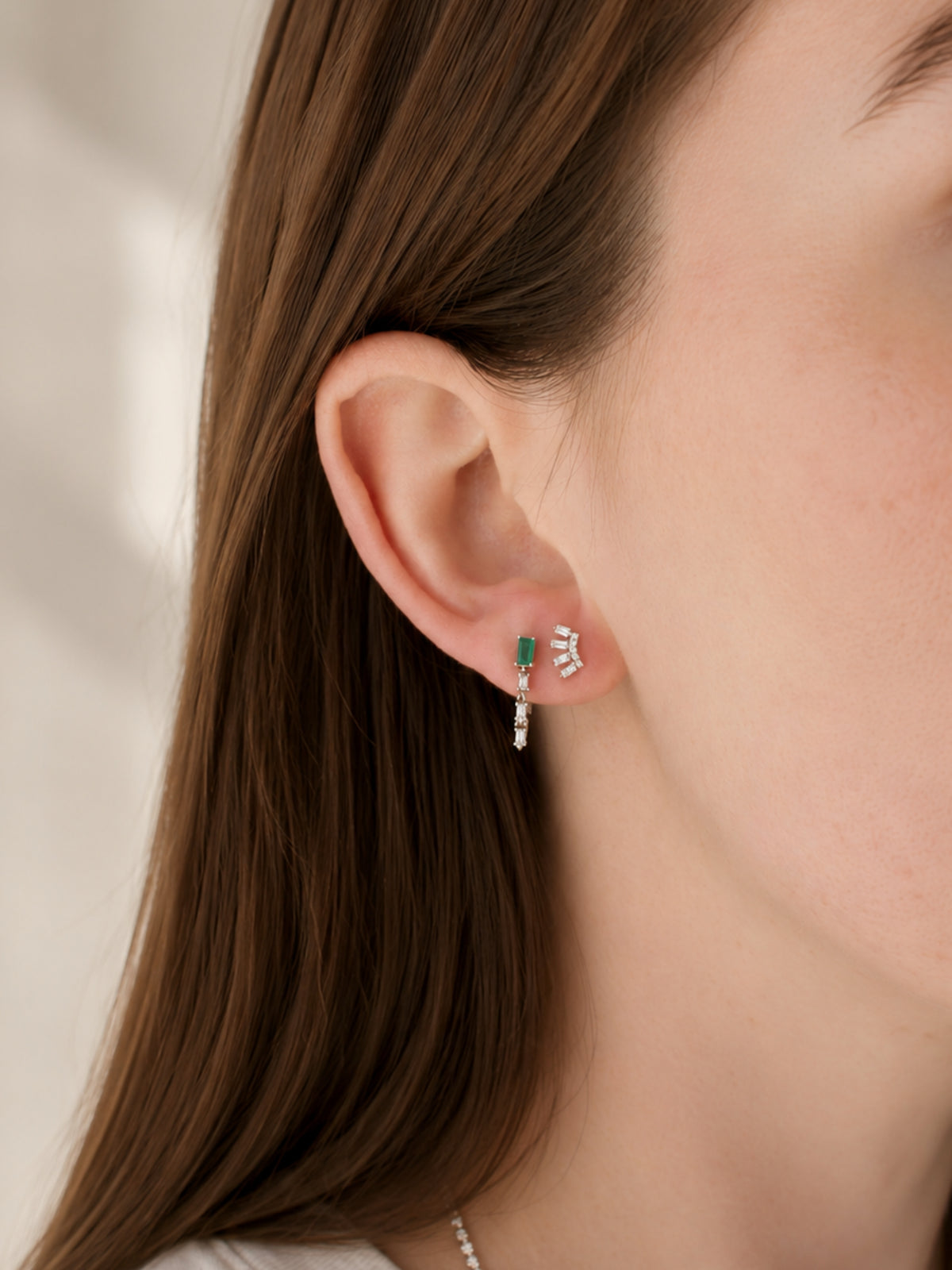 Baguette Diamond Crown Stud Earring 14K