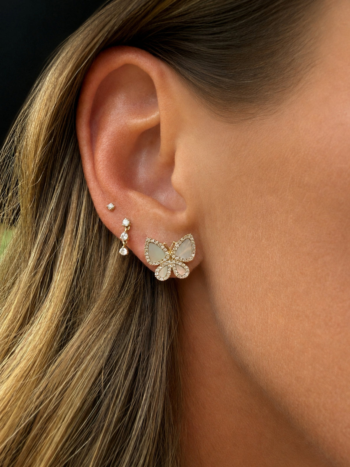 Brooke Butterfly Mother of Pearl and Diamond Stud Earrings 14K