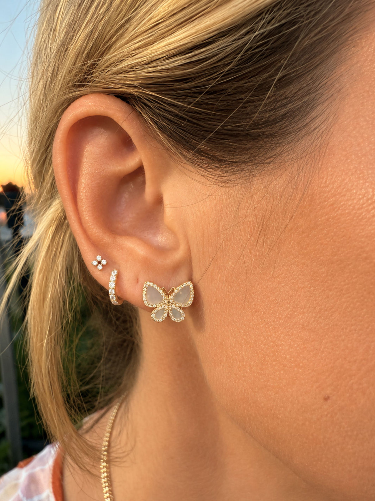 Brooke Butterfly Mother of Pearl and Diamond Stud Earrings 14K