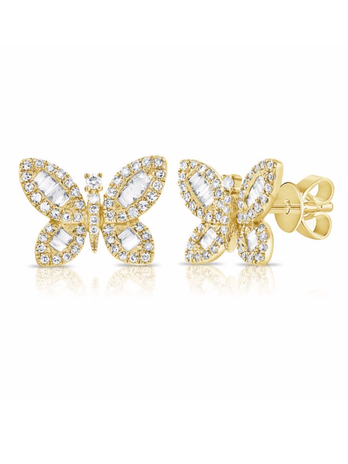 Baguette Diamond Butterfly Stud Earrings 14K