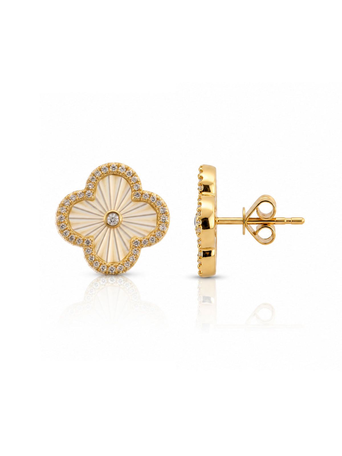 Chloe Clover Mother of Pearl and Diamond Stud Earrings 14K