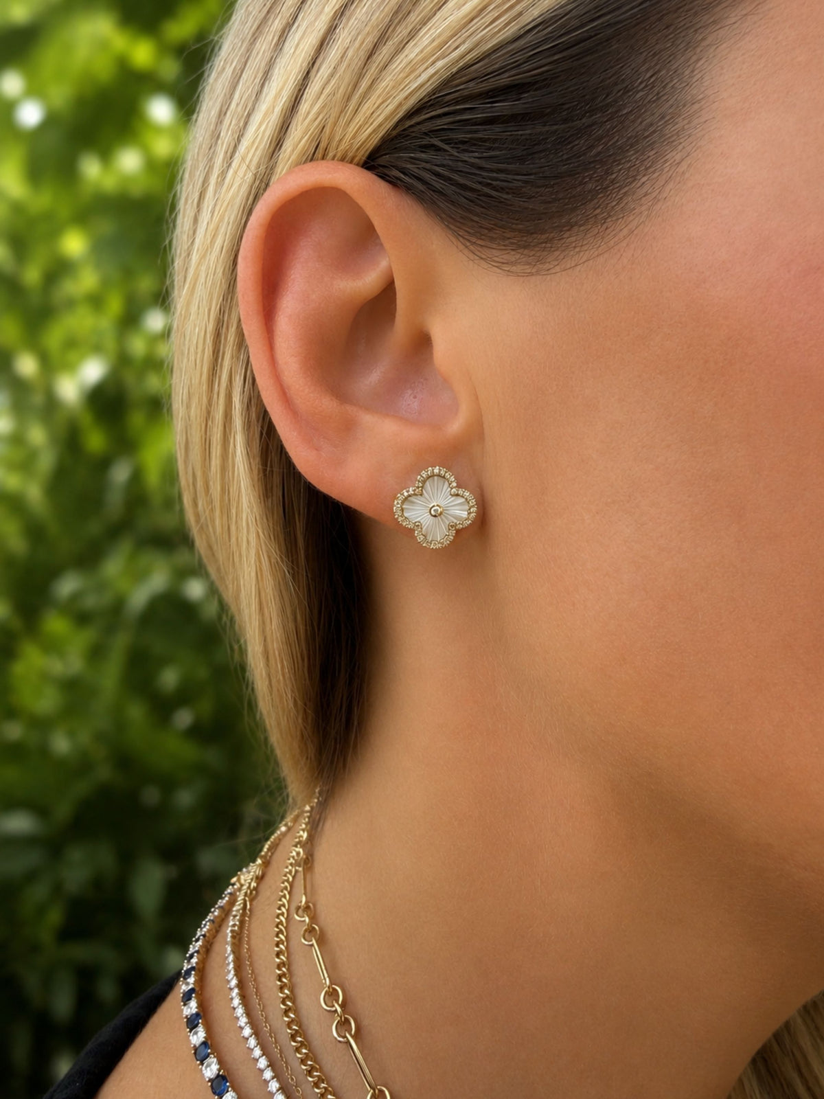 Chloe Clover Mother of Pearl and Diamond Stud Earrings 14K