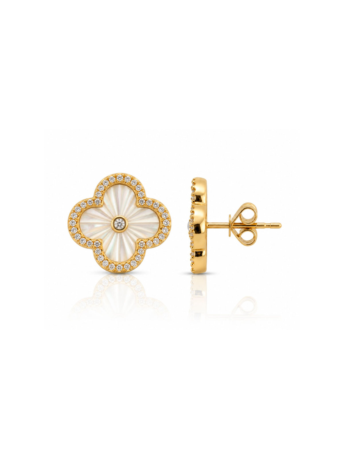 Chloe Clover Mother of Pearl and Diamond Stud Earrings 14K