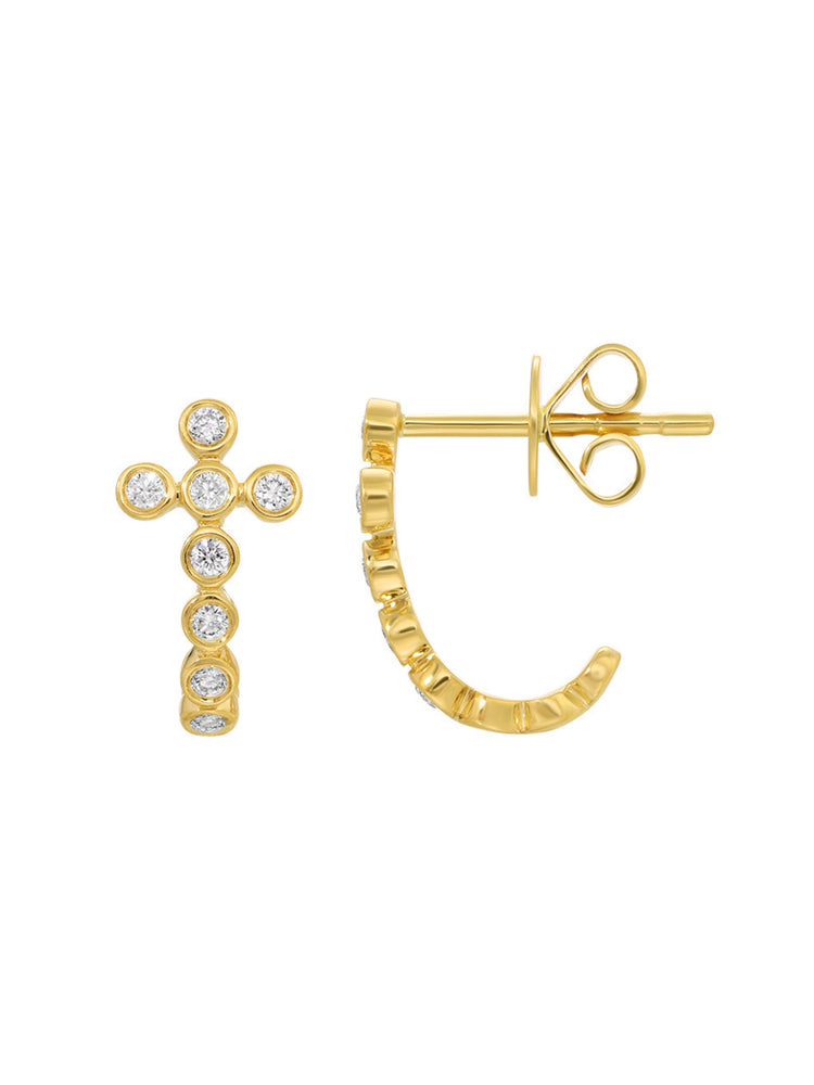 Bezel Cross Huggie Earrings 14K