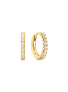 Gold hoop earrings with clear gemstones on a white background