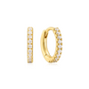 Gold hoop earrings with clear gemstones on a white background