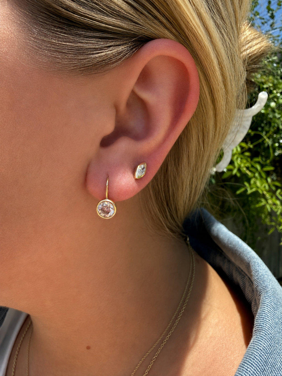 Dakota Round Diamond Bezel Drop Huggie 14K