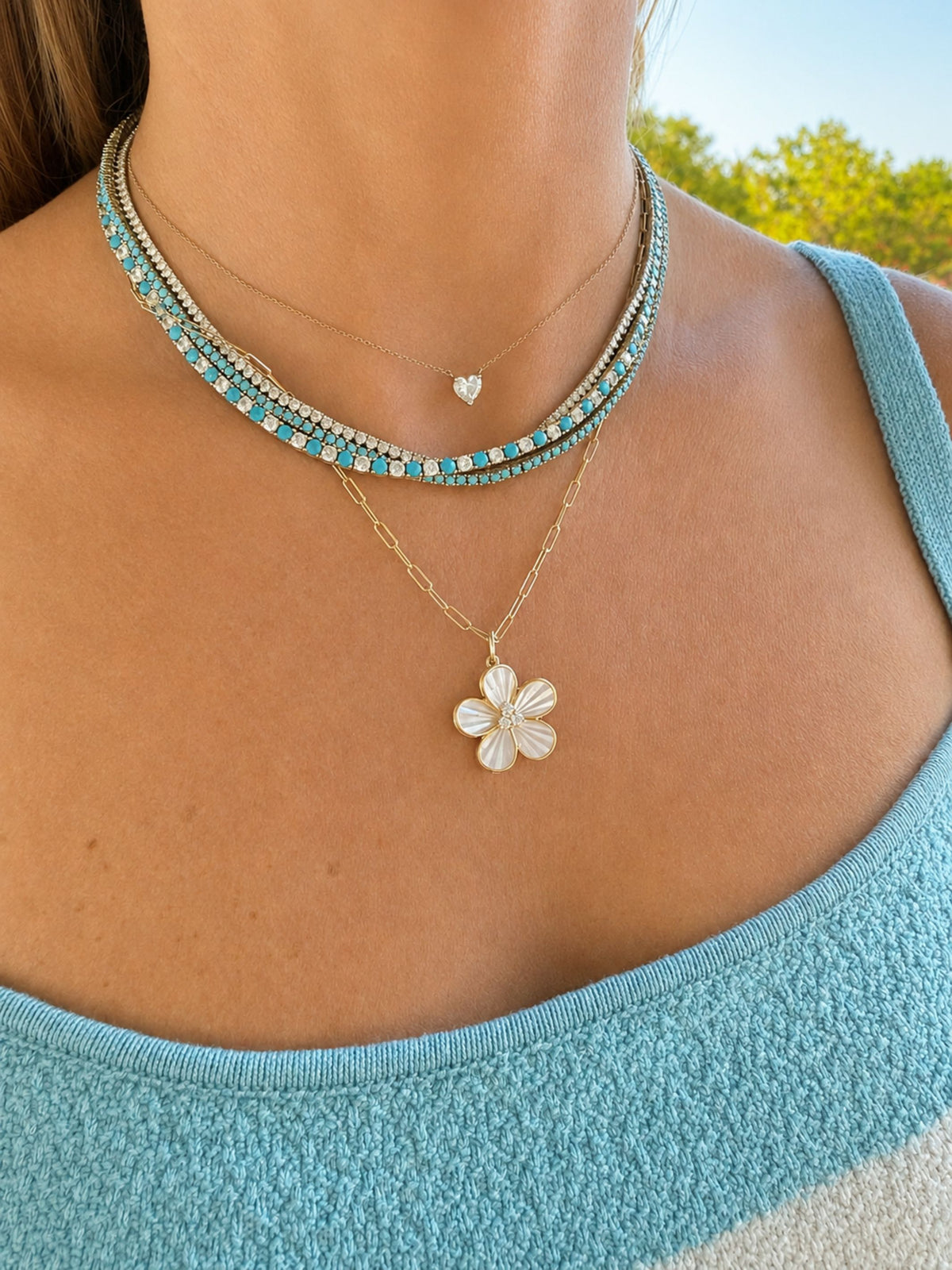 Dee Alternating Turquoise and CZ Tennis Necklace