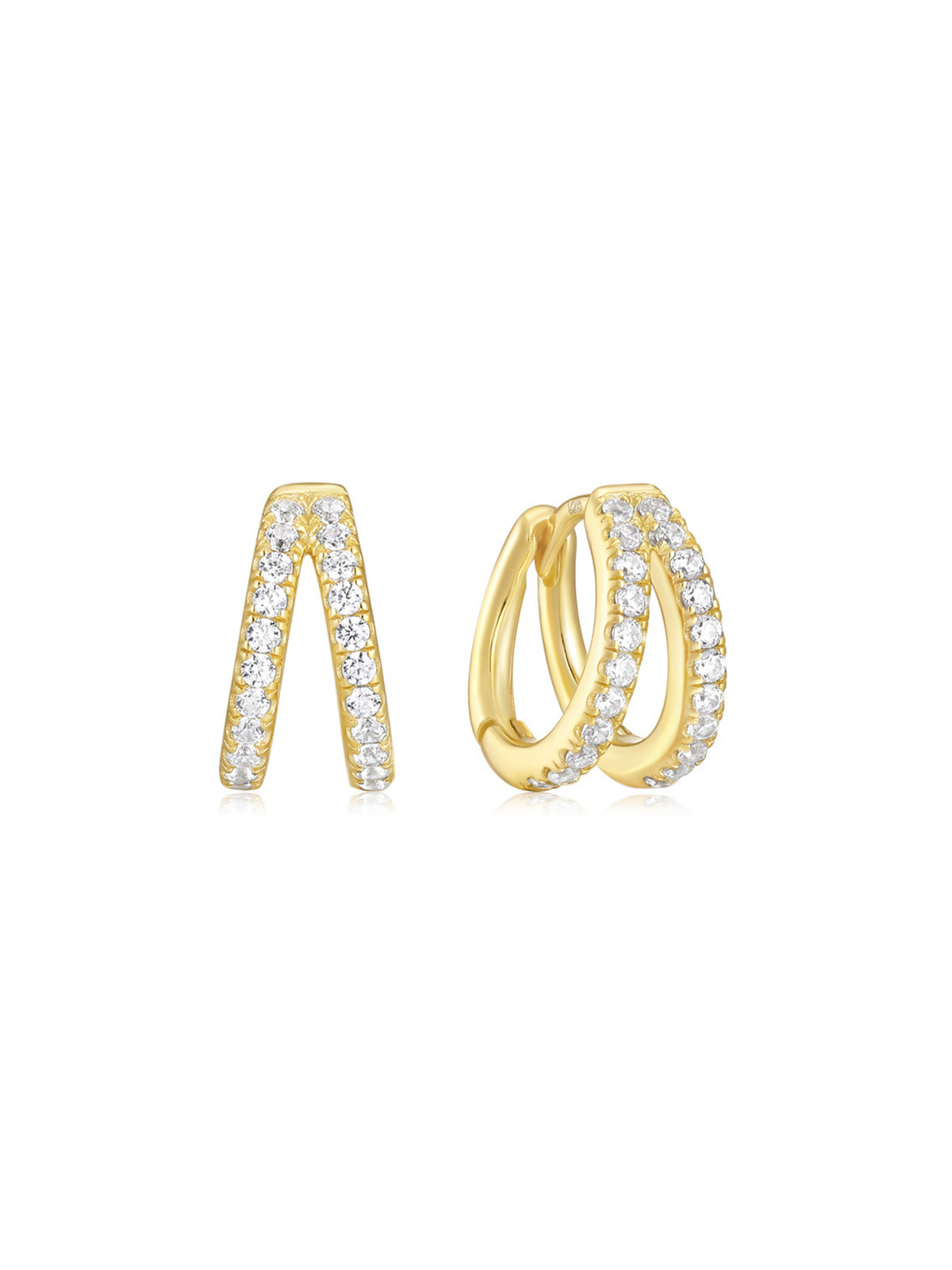 Gold hoop earrings with embedded stones on a white background