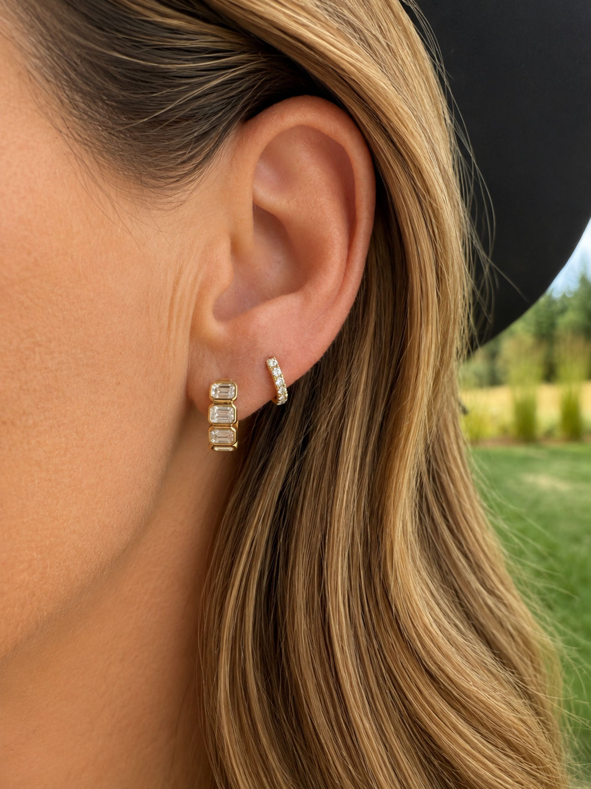 Elena Emerald Cut Diamond Bezel Huggie Earring 14K