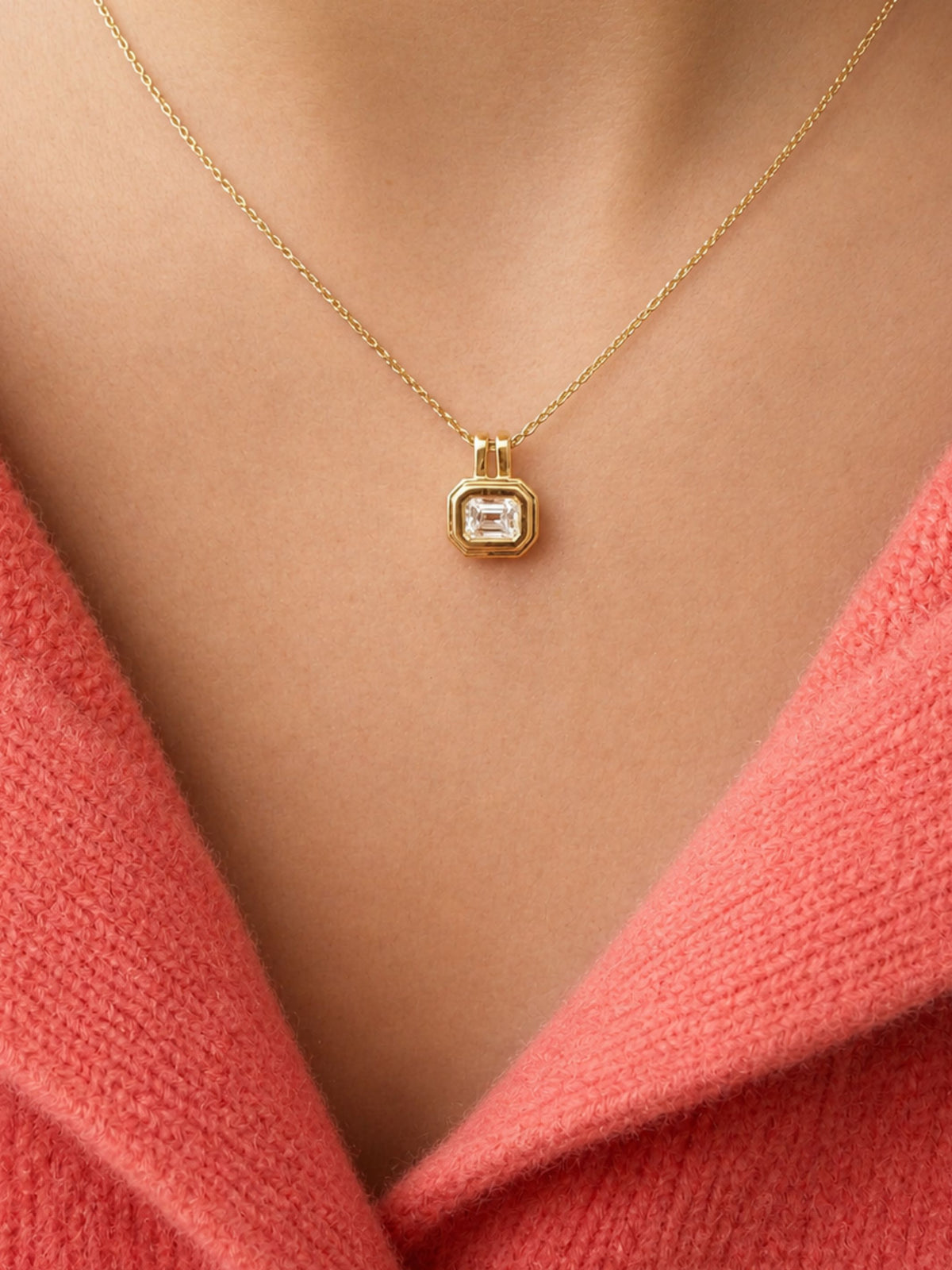 Emerald-Cut Diamond Double Bezel Pendant Necklace 14K