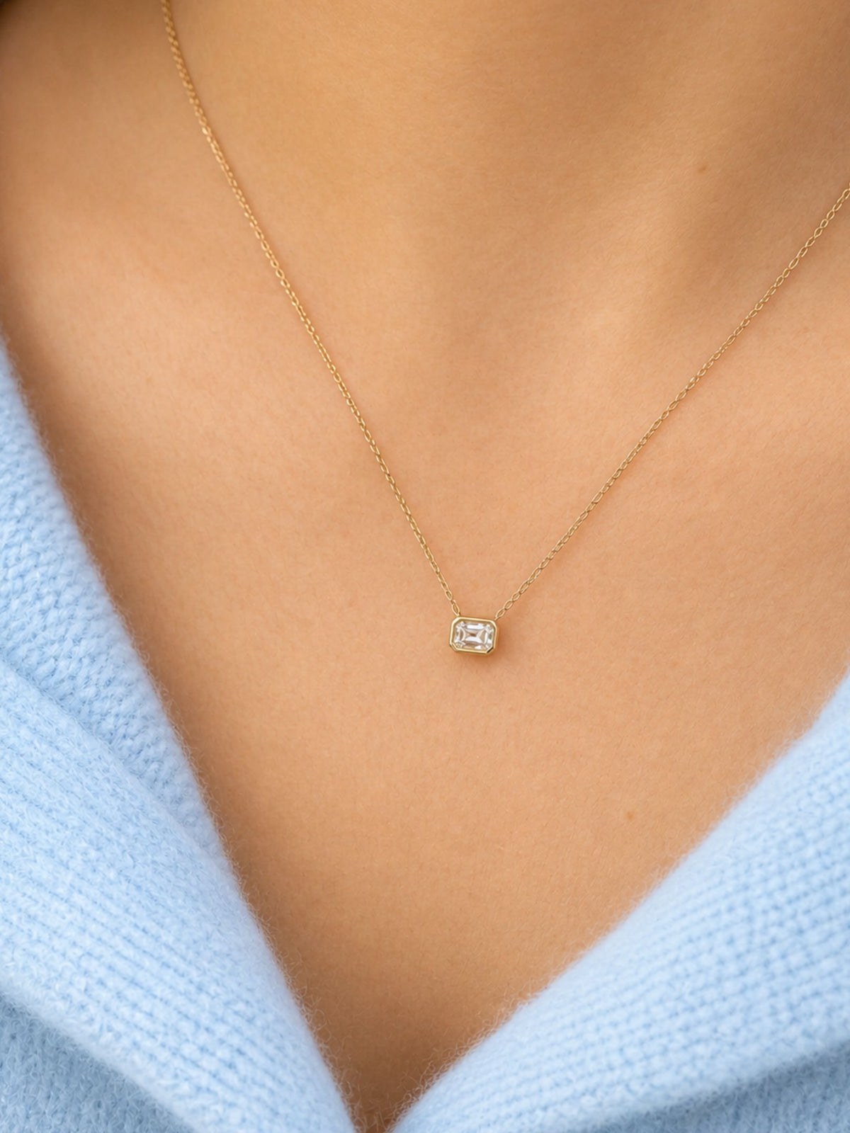 Emerald Cut Diamond Bezel Pendant Necklace 14K