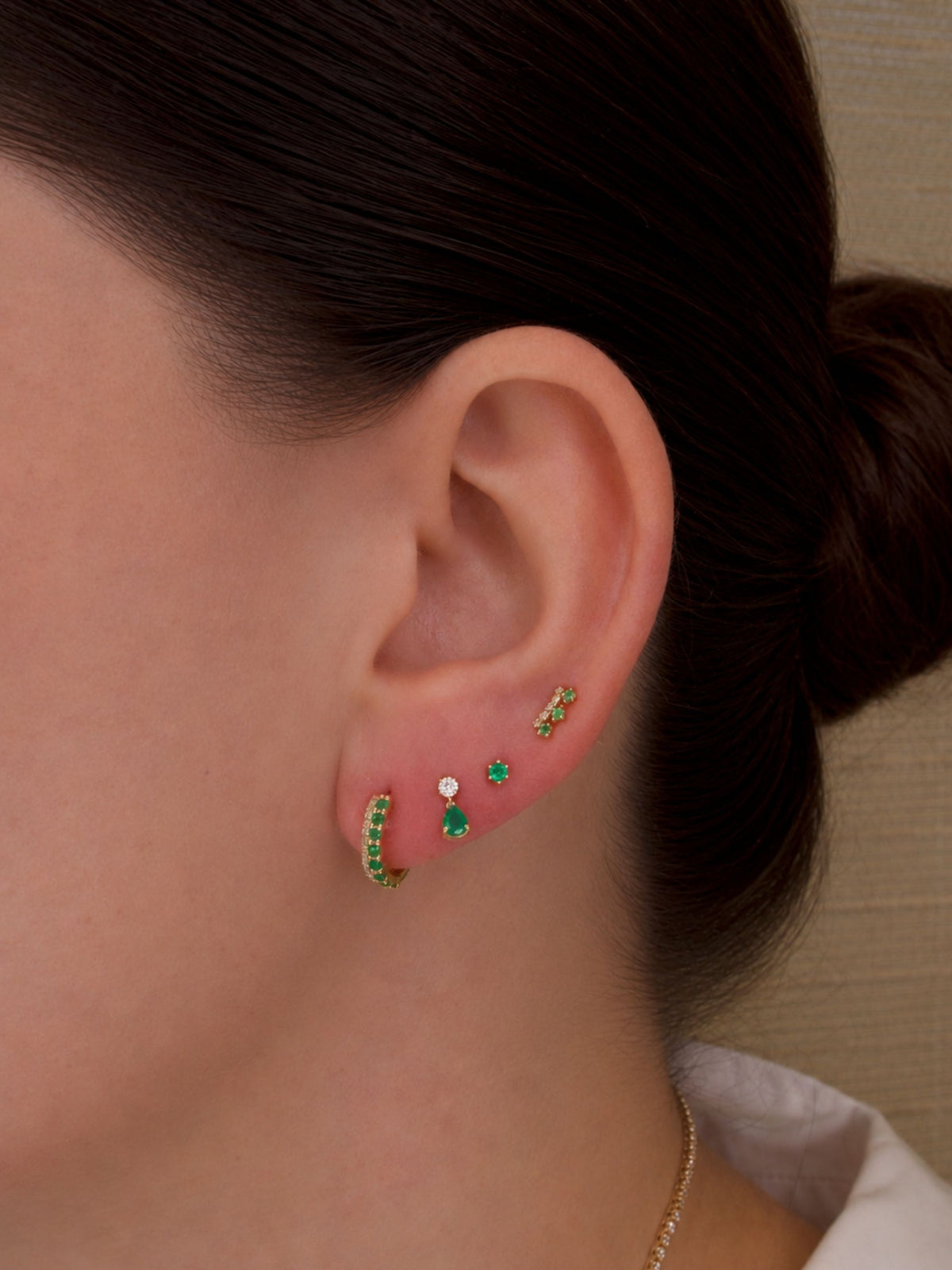 Emerald and Diamond Drop Stud Earring 14K