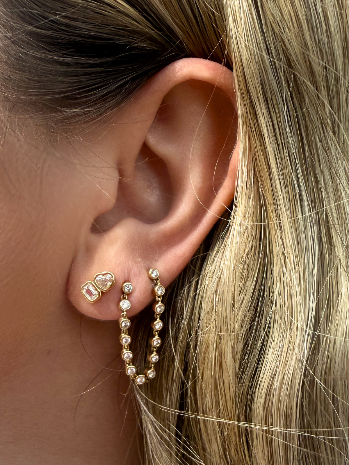 Endless Bezel Chain Double Stud Earring 14K