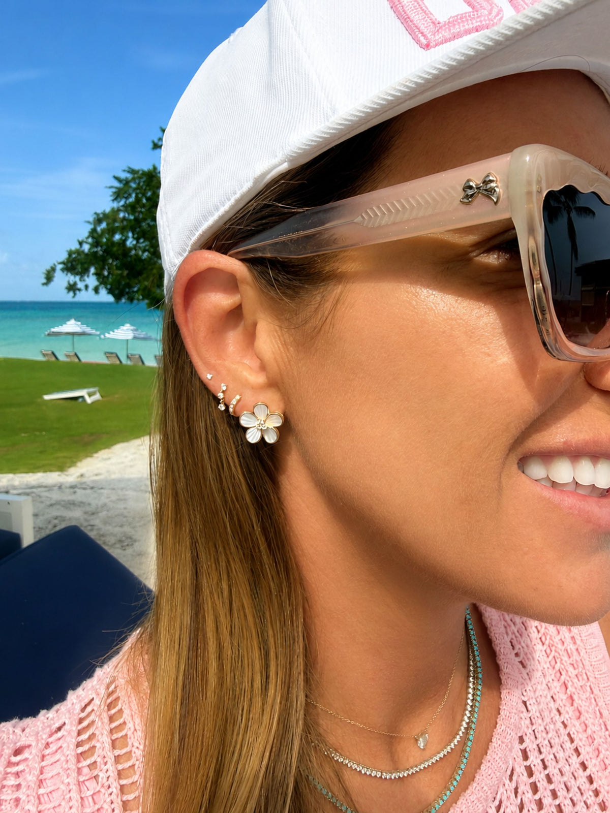 Fluted Mother of Pearl and Diamond Flower Stud Earring 14K