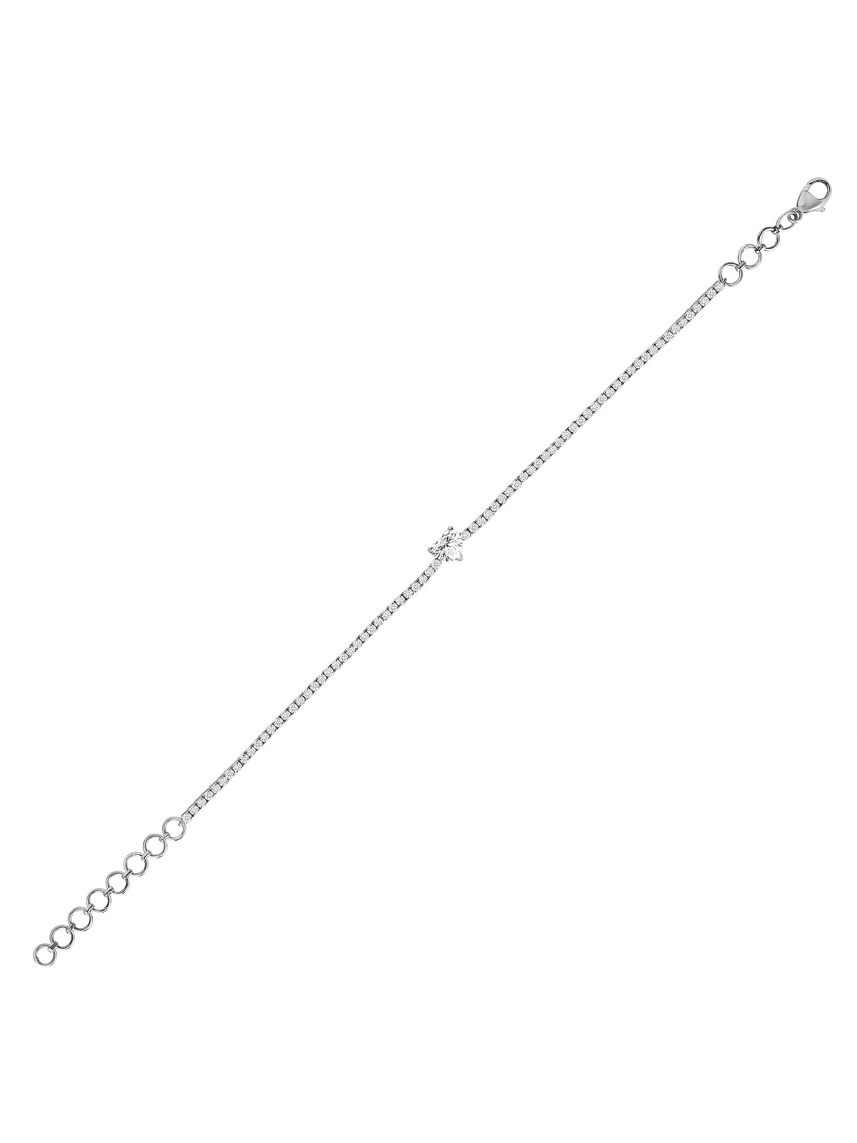 white gold tennis bracelet with solitaire heart cut diamond centered 