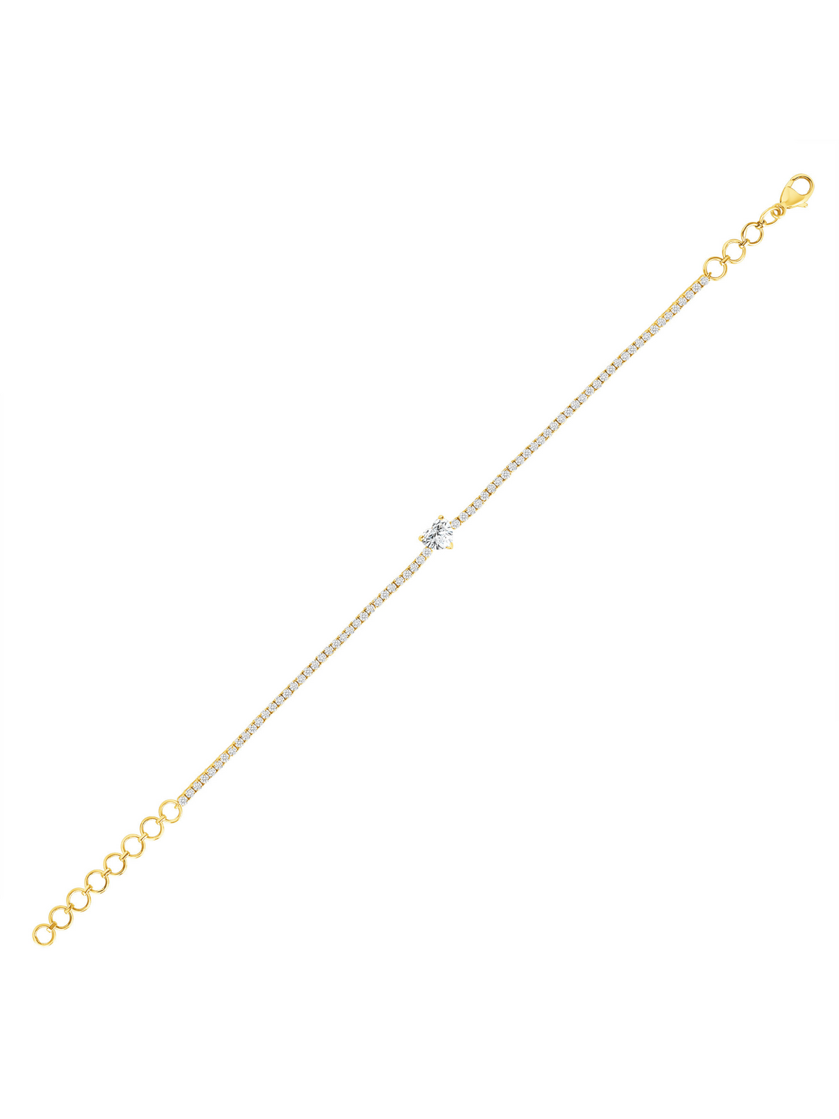 yellow gold tennis bracelet with solitaire heart cut diamond centered 