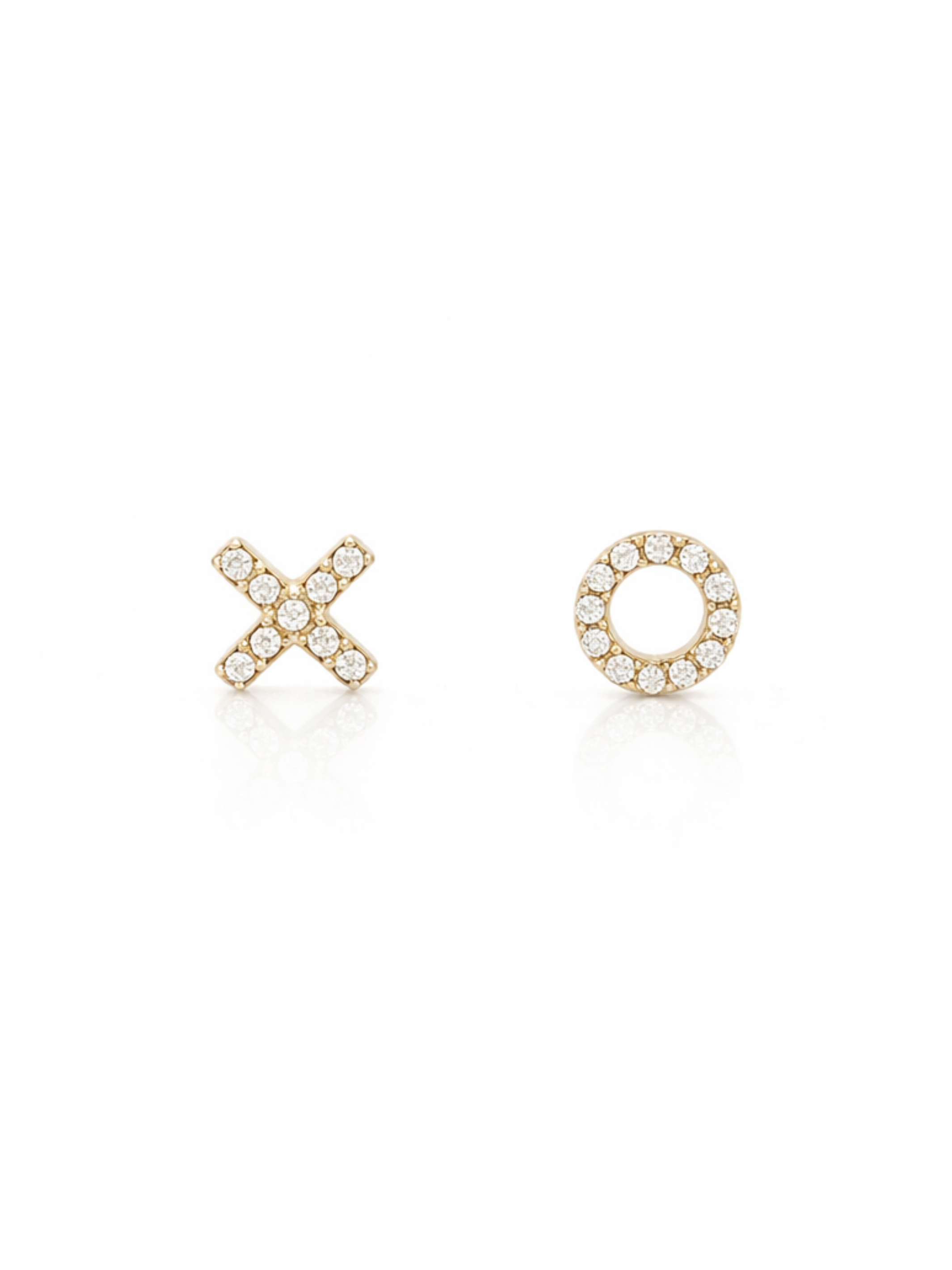 Gold earrings with 'X' and circular designs on a white background