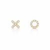 Gold earrings with 'X' and circular designs on a white background
