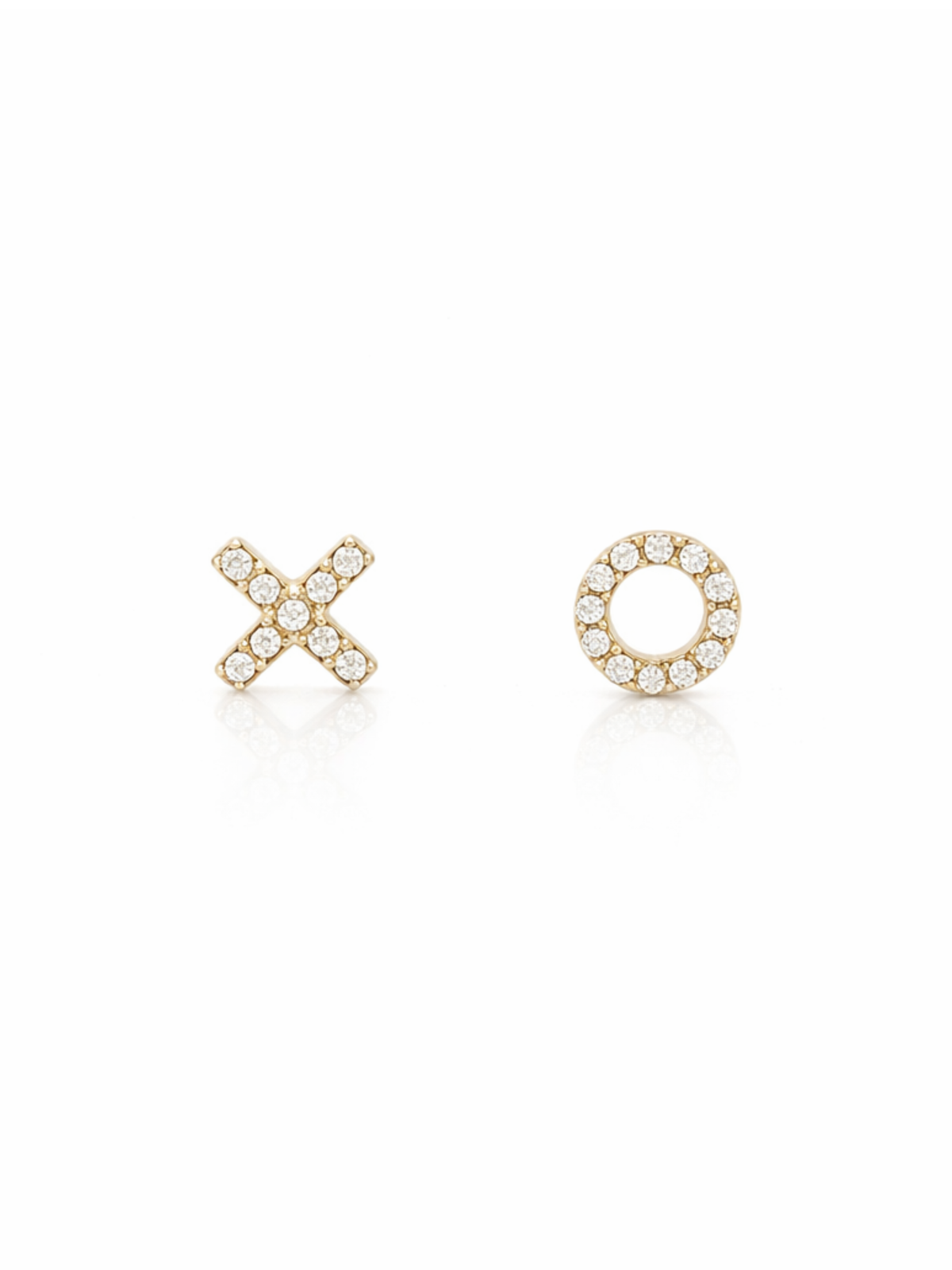 Gold earrings with 'X' and circular designs on a white background
