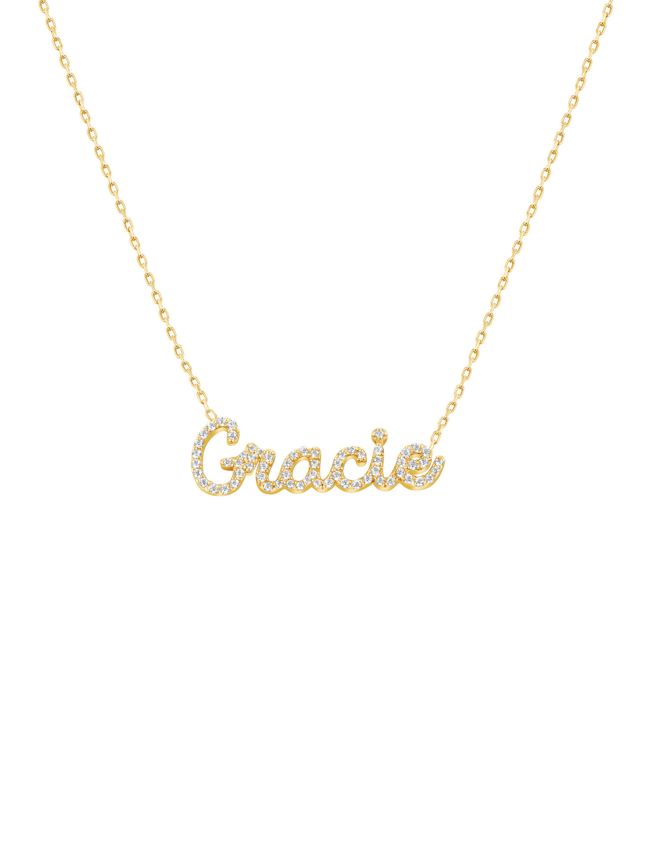 A gold-colored necklace with the name 'Gracie' inscribed on a chain.