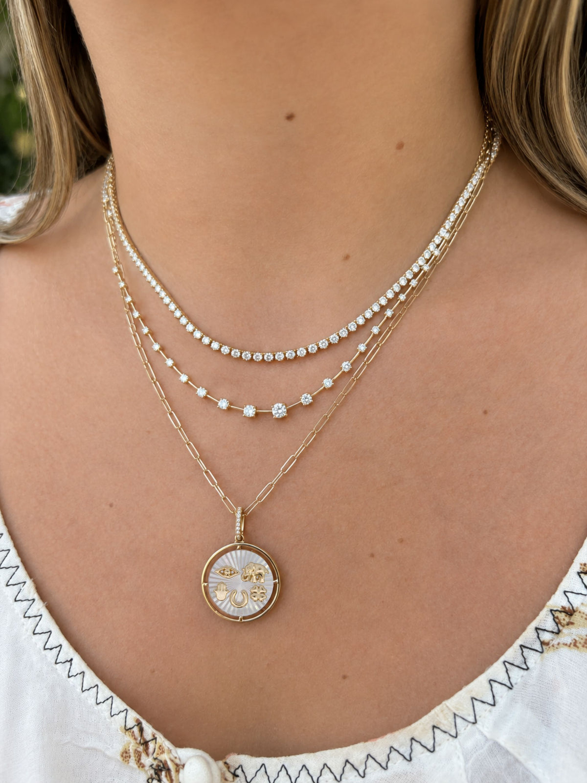 Lucky Charm Mother of Pearl and Diamond Pendant 14K