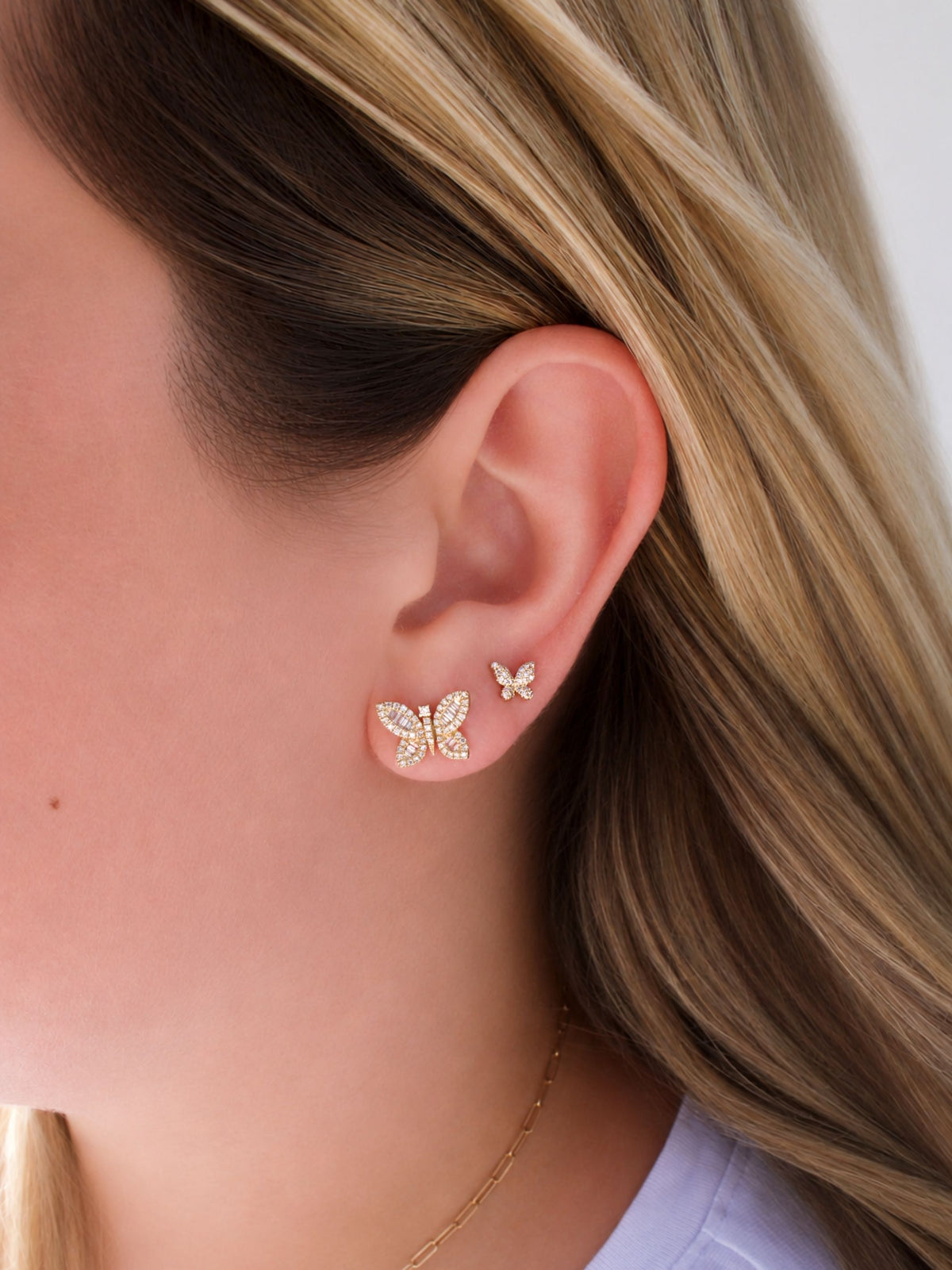 Baguette Diamond Butterfly Stud Earrings 14K