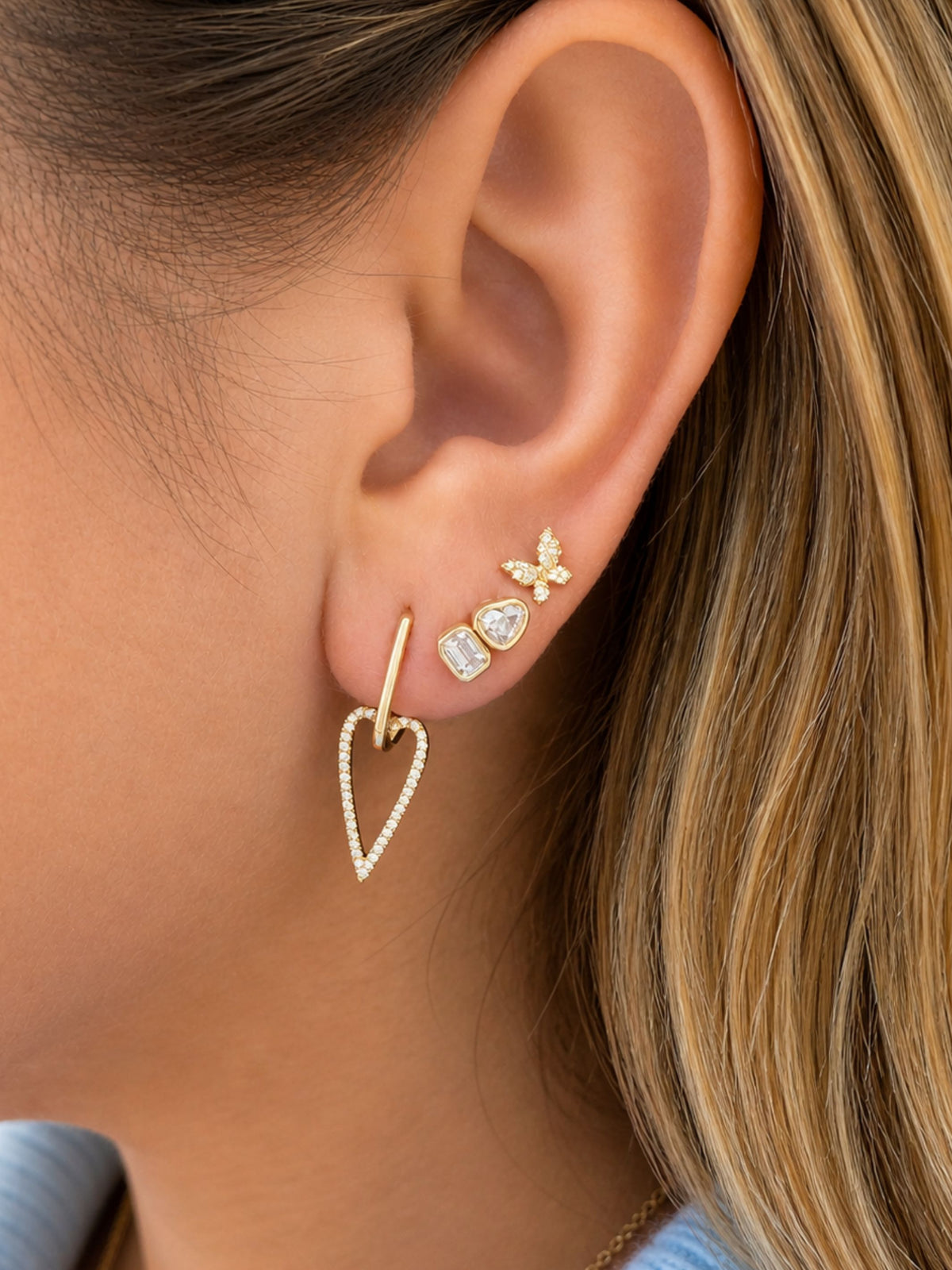 Paperclip and Diamond Heart Huggie Earrings 14K