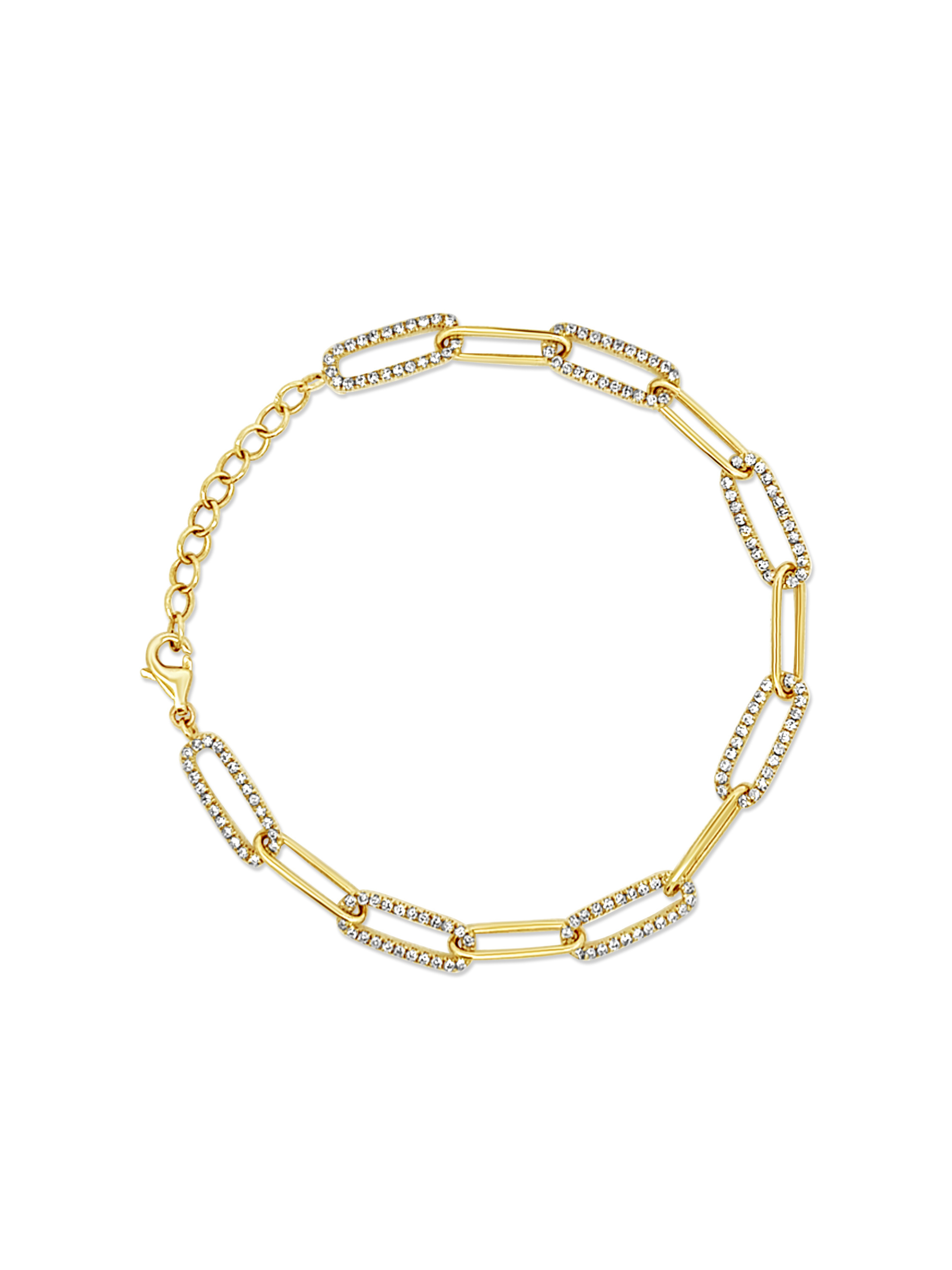 A 14k gold paperclip bracelet featuring alternating polished and pavé diamond-set elongated links, displayed against a clean white background. The bracelet has an adjustable chain and a lobster clasp, showcasing its modern, elegant design.