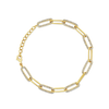 A 14k gold paperclip bracelet featuring alternating polished and pavé diamond-set elongated links, displayed against a clean white background. The bracelet has an adjustable chain and a lobster clasp, showcasing its modern, elegant design.