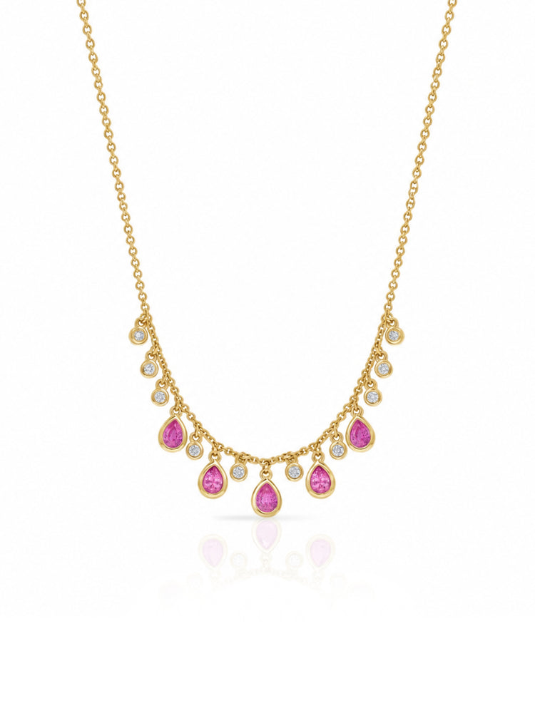 Pear Cut Pink Sapphire and Diamond Bezel Station Necklace 14K