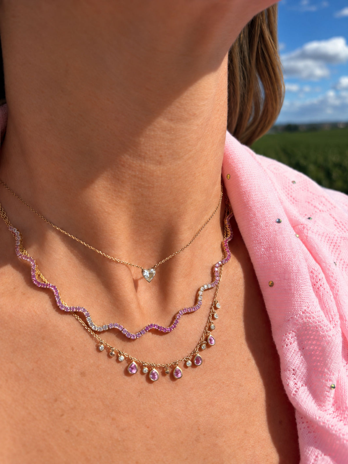 Pink Sapphire Wave Tennis Chain Necklace 14K
