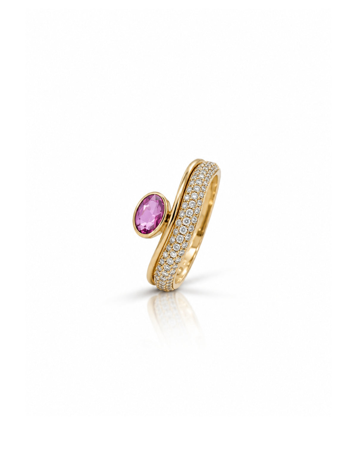 Pink Sapphire and Diamond Wave Ring 14K