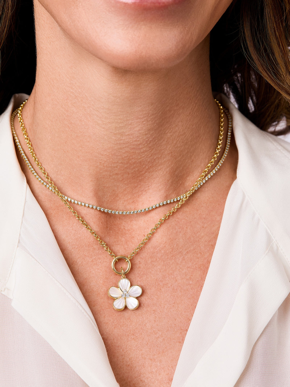 Fluted Mother of Pearl and Diamond Flower Charm 14K