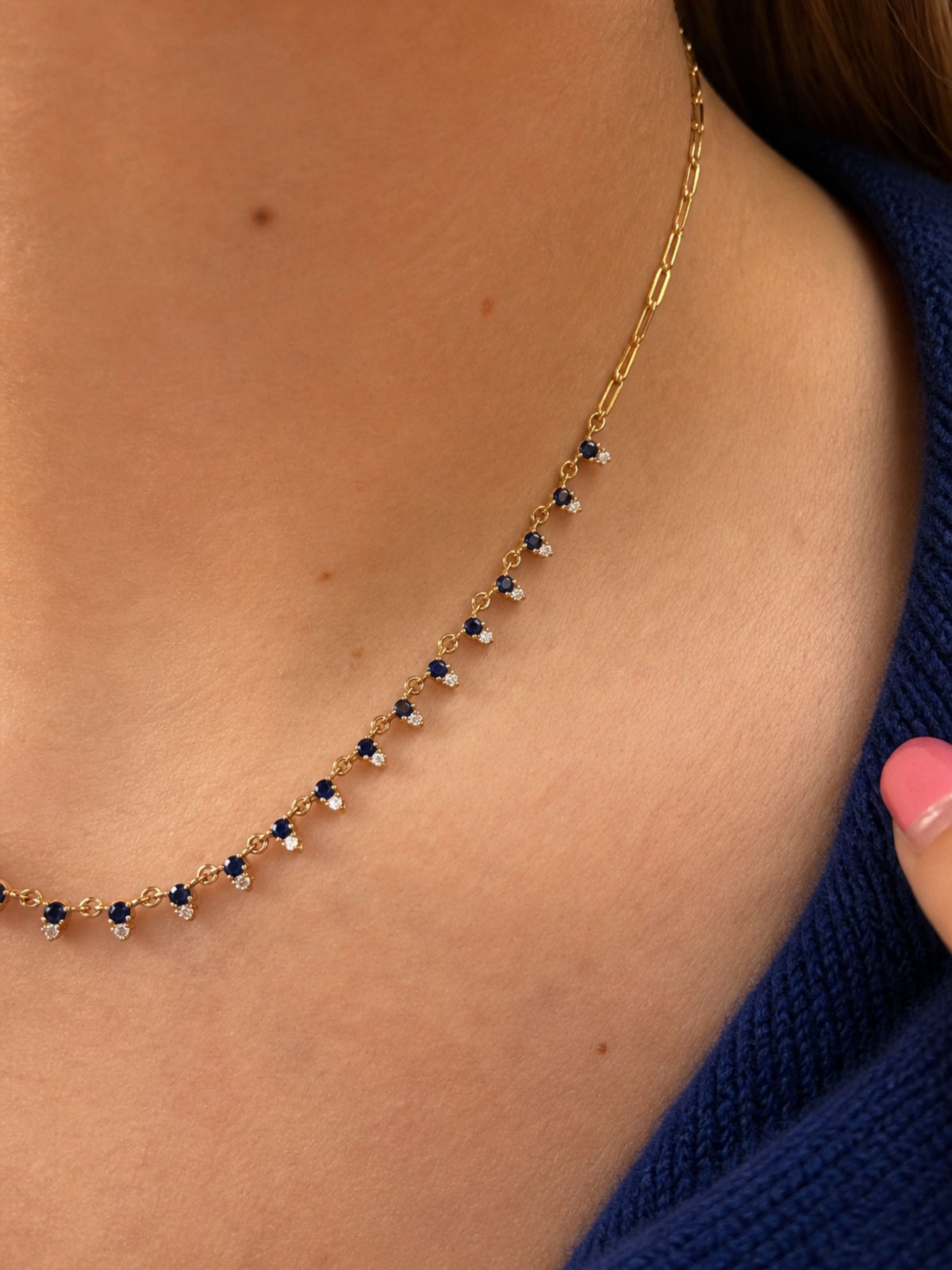 Sapphire and Diamond Paperclip Station Necklace 14K