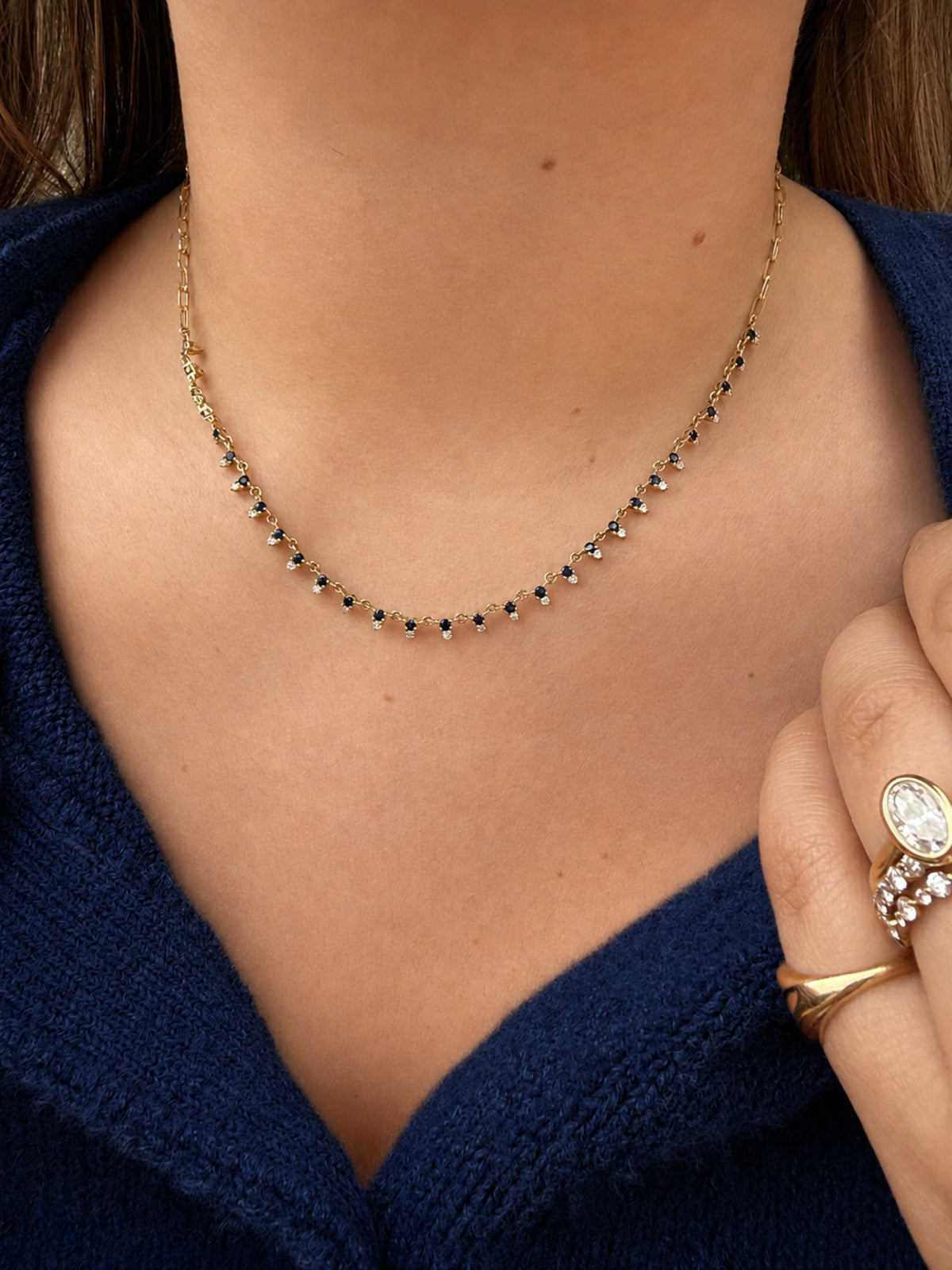 Sapphire and Diamond Paperclip Station Necklace 14K