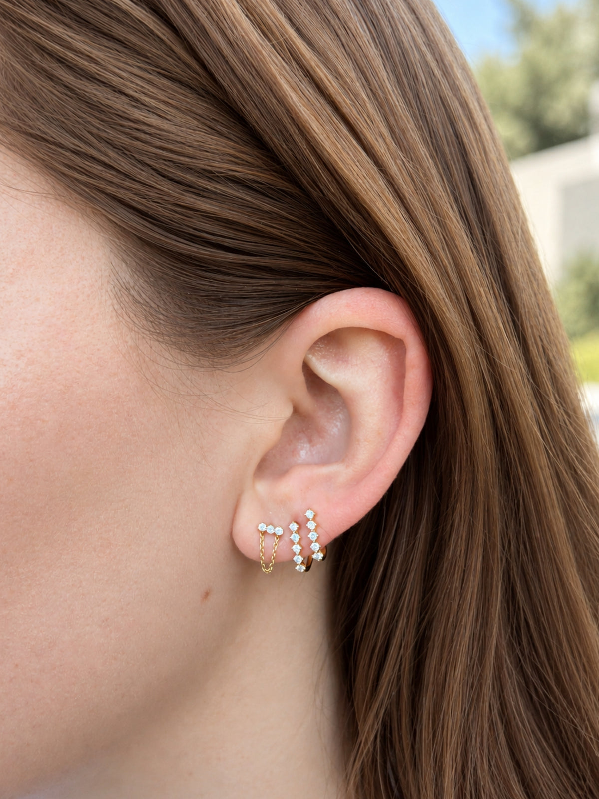 Sara Diamond Bar Chain Stud Earrings 14K
