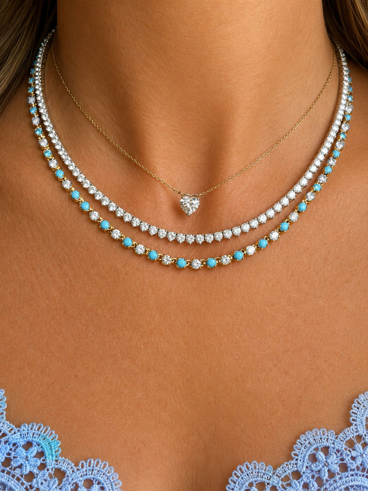 Tara Alternating Turquoise and Diamond Tennis Necklace 14K